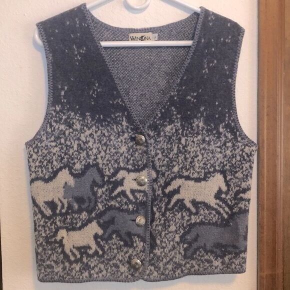 Winona Women's‎ Large Vintage Wool Blue White Knit Horse Southwest Animal Vest - Picture 9 of 15